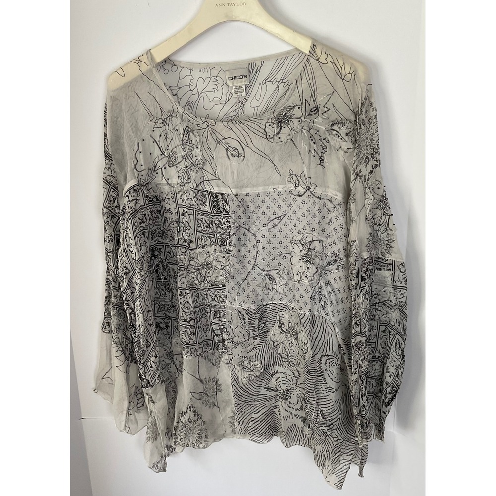 Chicos Womens 100% Silk Sheer Beaded Floral Patchwork Blouse White Black Size 3